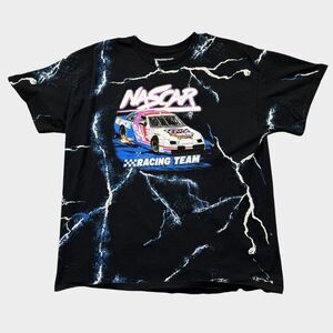 NASCAR Racing Team T-Shirt Men's XL Black Lightning All Over Print Y2K Graphic